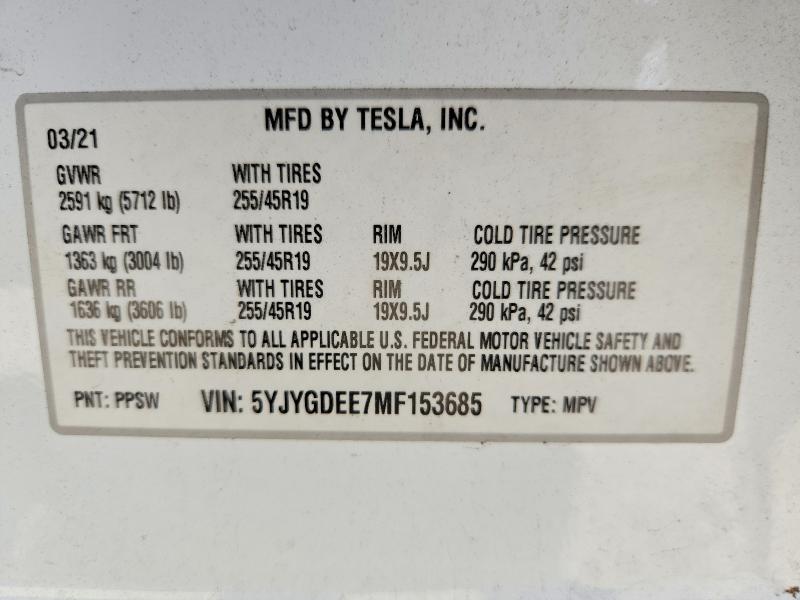 2021 Tesla Model  Y მანქანა იყიდება აუქციონზე, vin: 5YJYGDEE7MF153685, აუქციონის ნომერი: 61488066