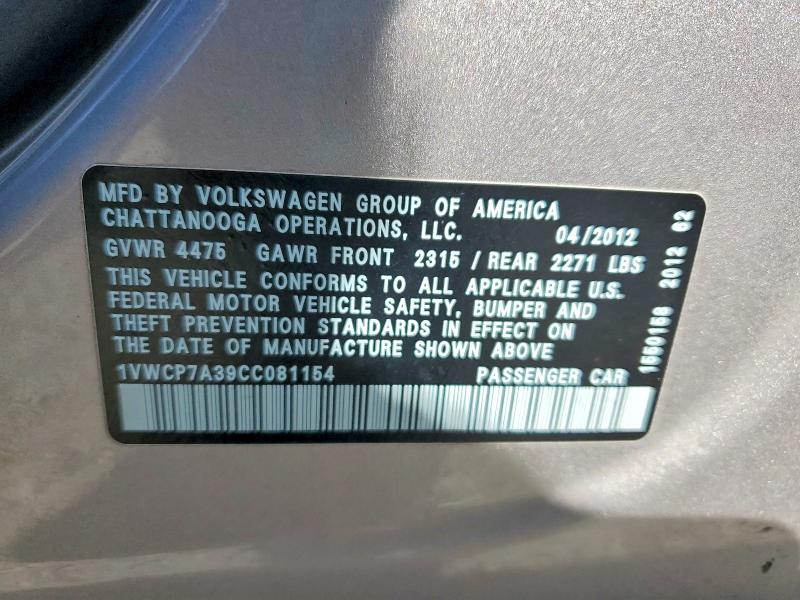 Aukcja sprzedaży 2012 Volkswagen Passat, vin: 1VWCP7A39CC081154, numer aukcji: 59548136
