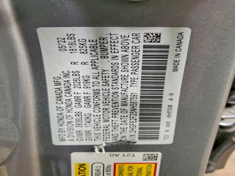 Продажа на аукционе авто 2022 Honda Civic, vin: 2HGFE2F25NH587591, номер лота: 60779146