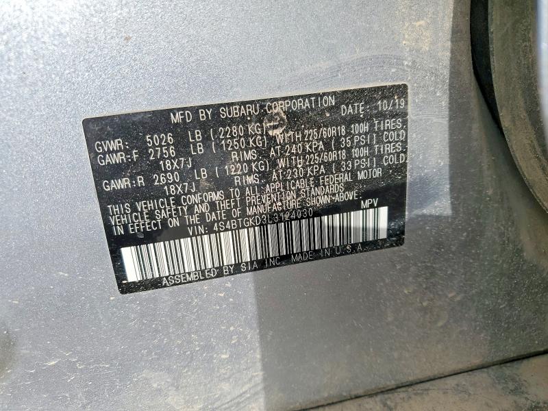 2020 Subaru Outback მანქანა იყიდება აუქციონზე, vin: 4S4BTGKD3L3124030, აუქციონის ნომერი: 61531686