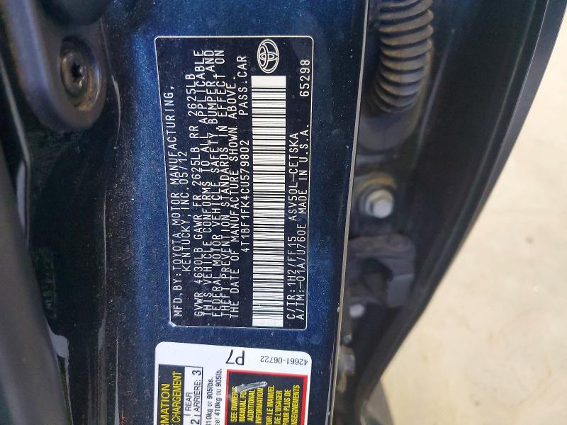 2012 Toyota Camry მანქანა იყიდება აუქციონზე, vin: 4T1BF1FK4CU579802, აუქციონის ნომერი: 74514055