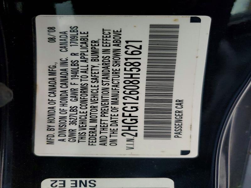Aukcja sprzedaży 2008 Honda Civic, vin: 2HGFG12608H581621, numer aukcji: 60947996