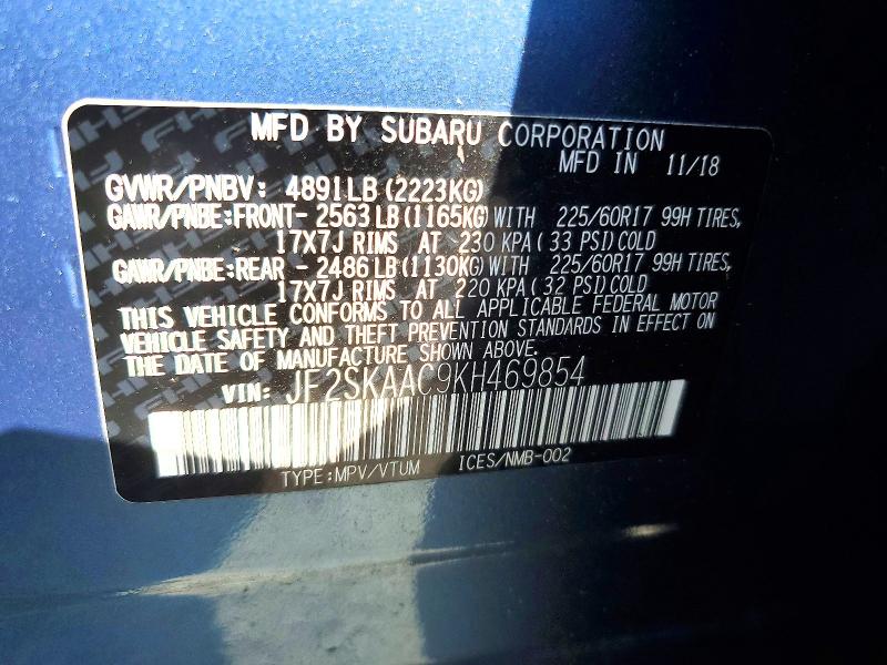 61425076 :رقم المزاد ، JF2SKAAC9KH469854 vin ، 2019 Subaru Forester مزاد بيع