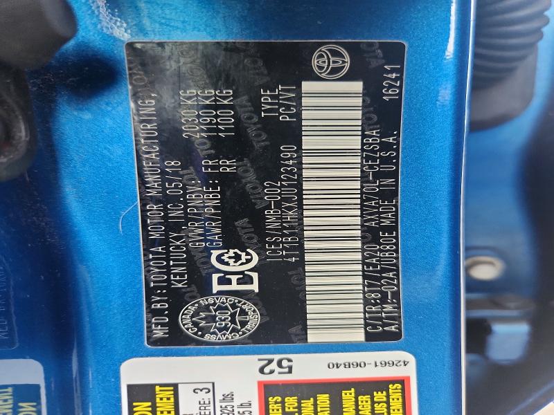 2018 Toyota Camry მანქანა იყიდება აუქციონზე, vin: 4T1B11HKXJU123490, აუქციონის ნომერი: 60478156