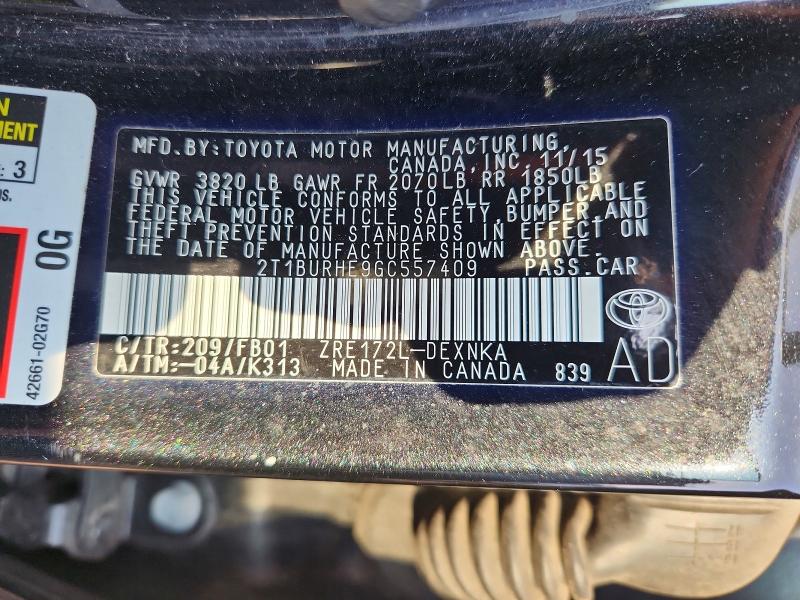 58577066 :رقم المزاد ، 2T1BURHE9GC557409 vin ، 2016 Toyota Corolla مزاد بيع