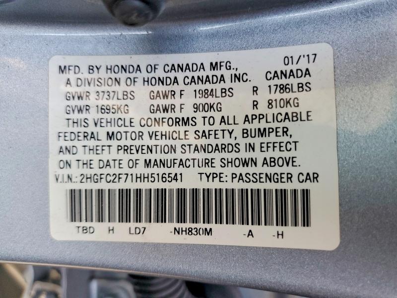 2017 Honda Civic მანქანა იყიდება აუქციონზე, vin: 2HGFC2F71HH516541, აუქციონის ნომერი: 60794606