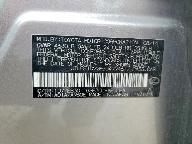 Aukcja sprzedaży 2015 Lexus Is, vin: JTHBF1D22F5049946, numer aukcji: 61493186
