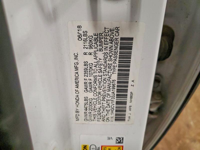 2018 Honda Accord მანქანა იყიდება აუქციონზე, vin: 1HGCV1F33JA199676, აუქციონის ნომერი: 61134196
