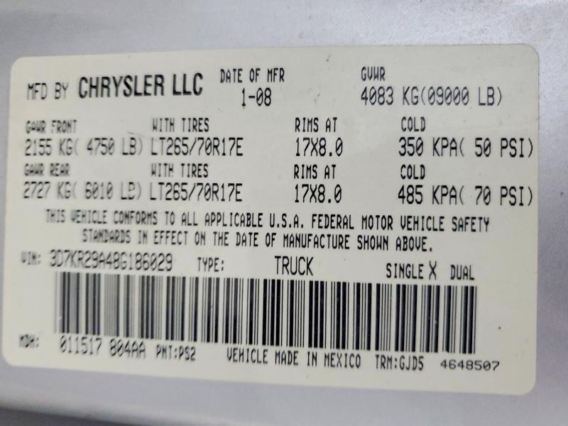 59646026 :رقم المزاد ، 3D7KR29A48G186029 vin ، 2008 Dodge Ram 2500 مزاد بيع