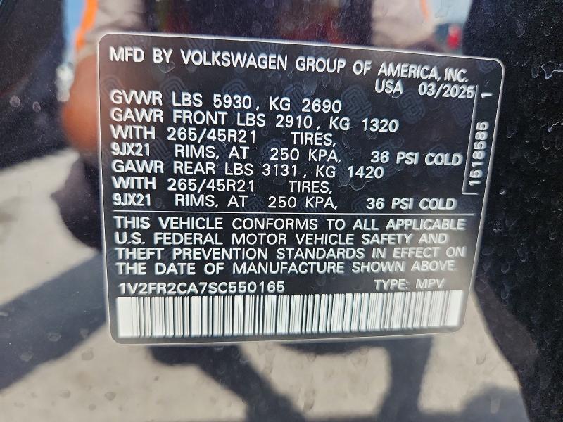 60626166 :رقم المزاد ، 1V2FR2CA7SC550165 vin ، 2025 Volkswagen Atlas مزاد بيع