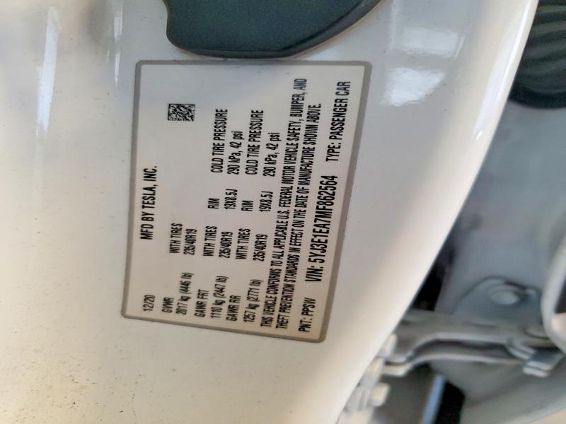 61613176 :رقم المزاد ، 5YJ3E1EA7MF862564 vin ، 2021 Tesla Model 3 مزاد بيع