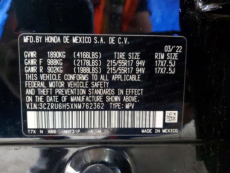 2022 Honda Hr-v მანქანა იყიდება აუქციონზე, vin: 3CZRU6H5XNM762362, აუქციონის ნომერი: 60359666