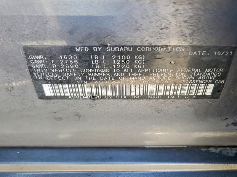 60801986 :رقم المزاد ، 4S3BWAB62N3009500 vin ، 2022 Subaru Legacy مزاد بيع