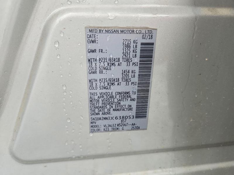 61934766 :رقم المزاد ، 5N1DR2MN3JC638053 vin ، 2018 Nissan Pathfinder مزاد بيع