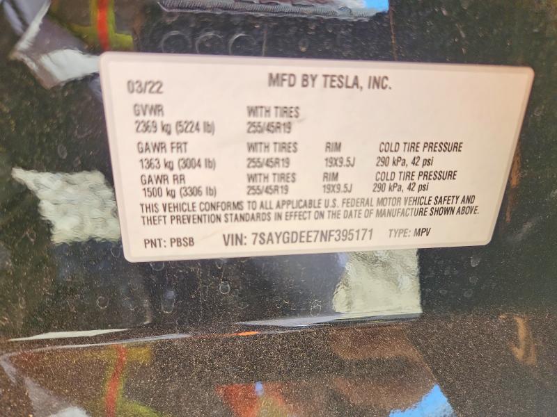 61751886 :رقم المزاد ، 7SAYGDEE7NF395171 vin ، 2022 Tesla Model Y مزاد بيع