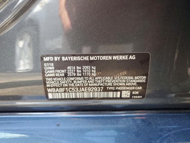 2018 Bmw 328 მანქანა იყიდება აუქციონზე, vin: WBA8F1C53JAE92937, აუქციონის ნომერი: 62878446