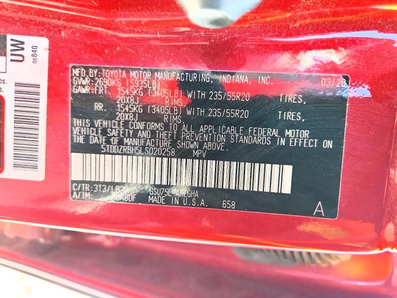 Продаж на аукціоні авто 2020 Toyota Highlander, vin: 5TDDZRBH5LS020258, номер лоту: 62971416