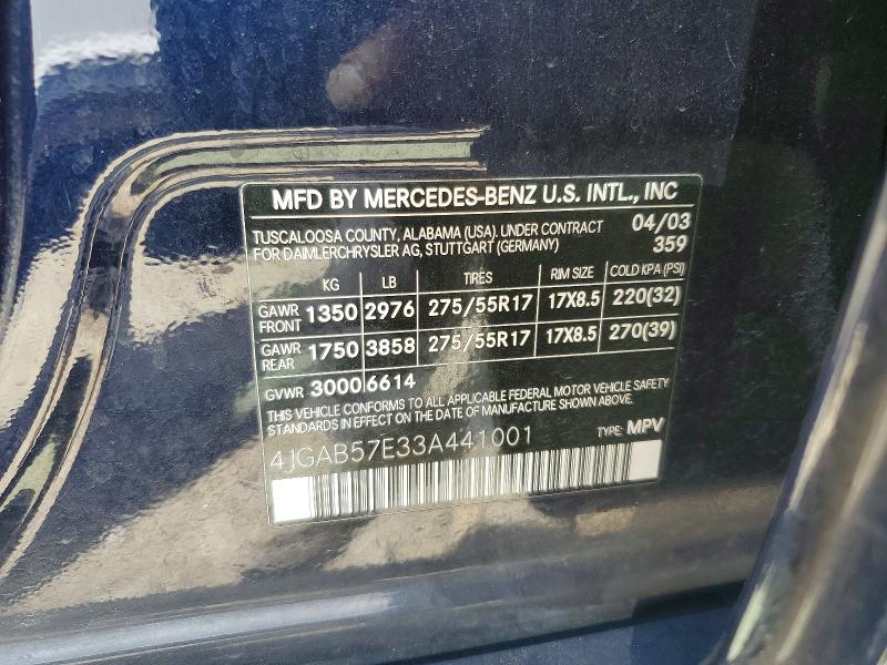 60196786 :رقم المزاد ، 4JGAB57E33A441001 vin ، 2003 Mercedes-benz Ml مزاد بيع