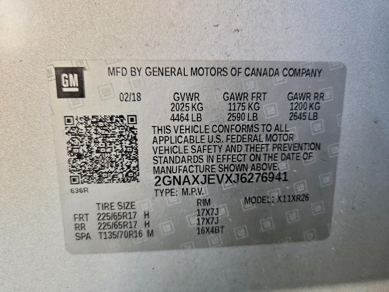 Aukcja sprzedaży 2018 Chevrolet Equinox, vin: 2GNAXJEVXJ6276941, numer aukcji: 61138176