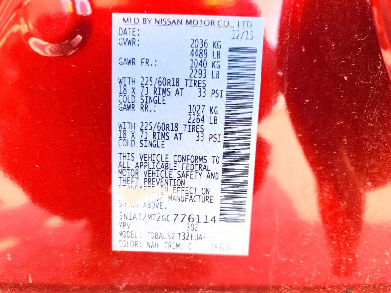 62186576 :رقم المزاد ، 5N1AT2MT2GC776114 vin ، 2016 Nissan Rogue مزاد بيع