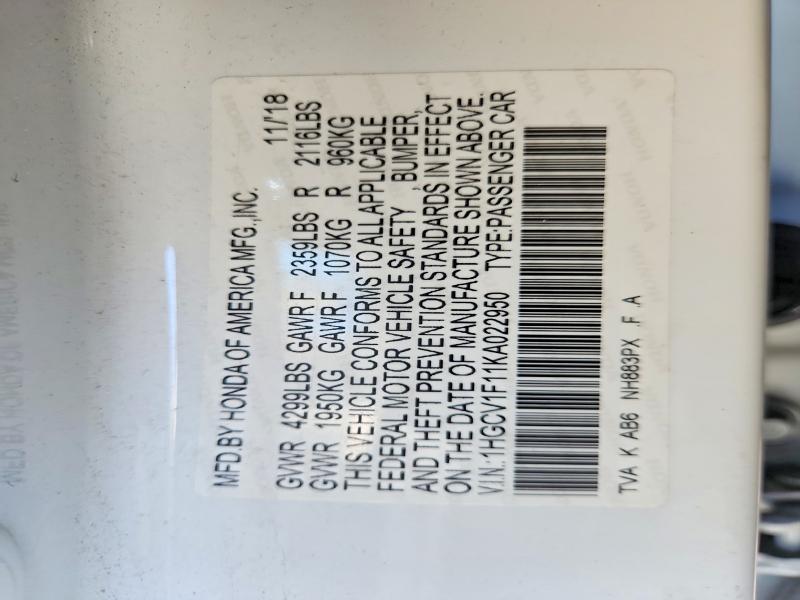 Aukcja sprzedaży 2019 Honda Accord, vin: 1HGCV1F11KA022950, numer aukcji: 59268106