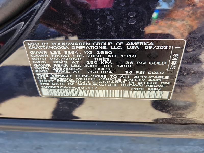 2022 Volkswagen Atlas მანქანა იყიდება აუქციონზე, vin: 1V2BP2CA4NC501417, აუქციონის ნომერი: 60277026
