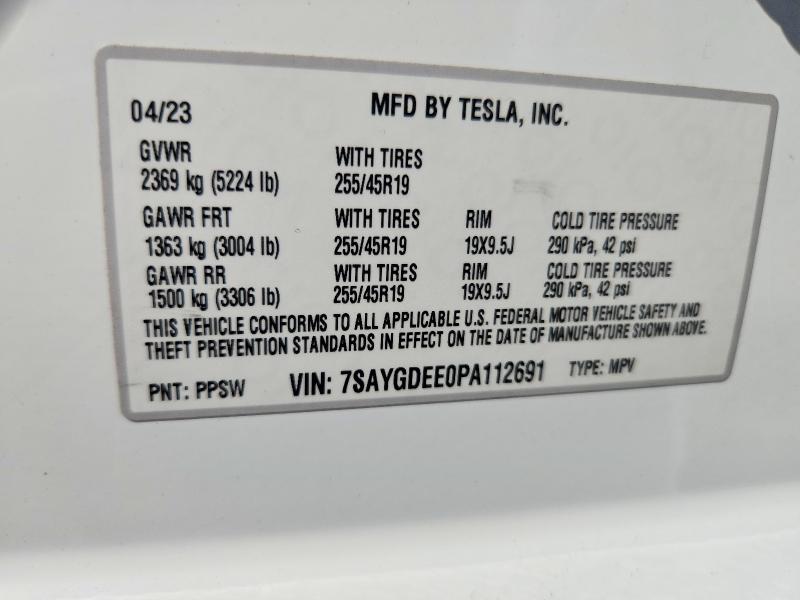 2023 Tesla Model Y მანქანა იყიდება აუქციონზე, vin: 7SAYGDEE0PA112691, აუქციონის ნომერი: 62682176