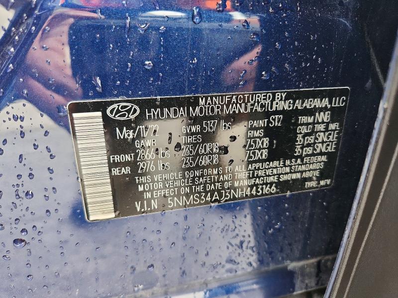 Aukcja sprzedaży 2022 Hyundai Santa Fe, vin: 5NMS34AJ3NH443166, numer aukcji: 60560266