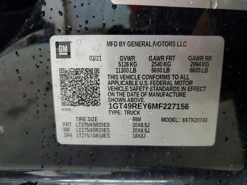 61487636 :رقم المزاد ، 1GT49REY6MF227156 vin ، 2021 Gmc Sierra مزاد بيع
