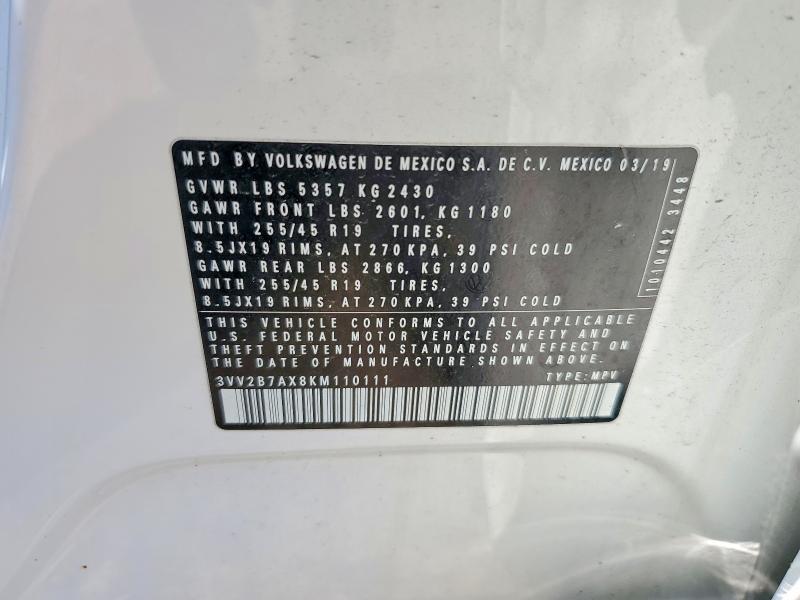 Aukcja sprzedaży 2019 Volkswagen Tiguan, vin: 3VV2B7AX8KM110111, numer aukcji: 62574626