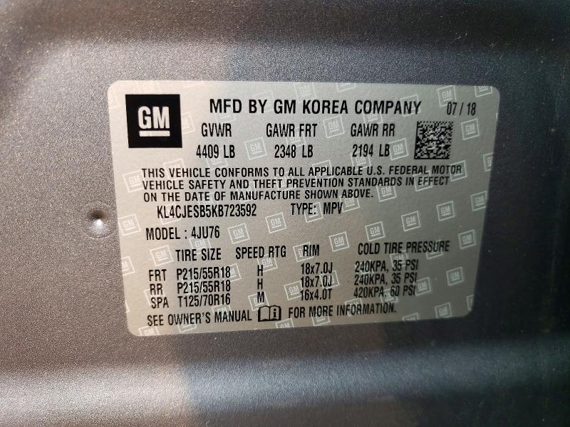 60845416 :رقم المزاد ، KL4CJESB5KB723592 vin ، 2019 Buick Encore مزاد بيع