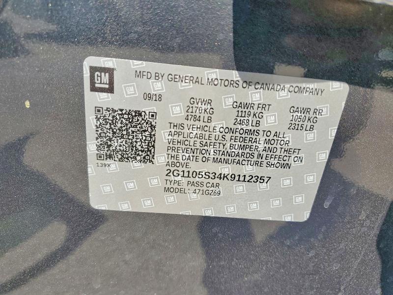 2019 Chevrolet Impala მანქანა იყიდება აუქციონზე, vin: 2G1105S34K9112357, აუქციონის ნომერი: 60711606