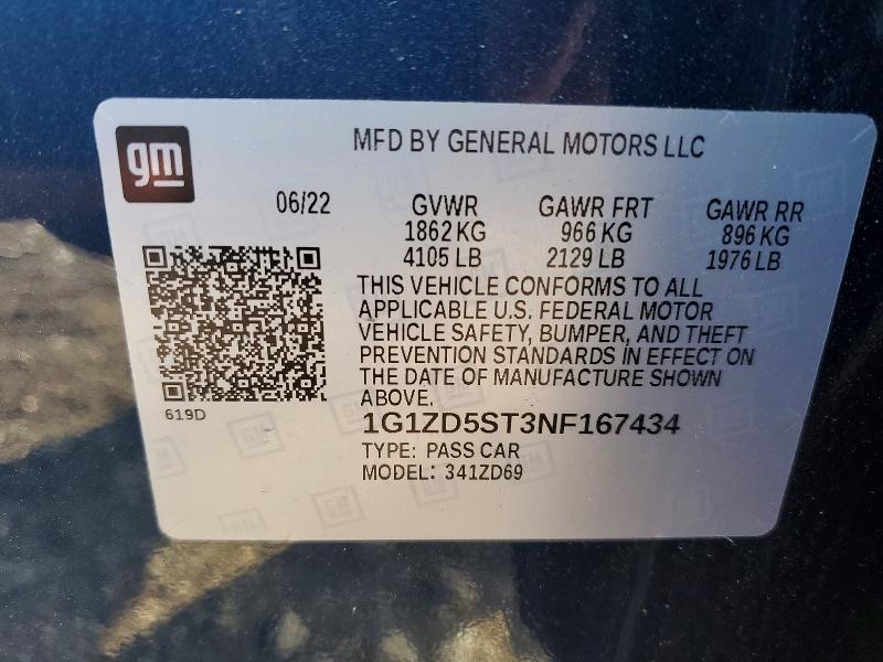 60376816 :رقم المزاد ، 1G1ZD5ST3NF167434 vin ، 2022 Chevrolet Malibu مزاد بيع