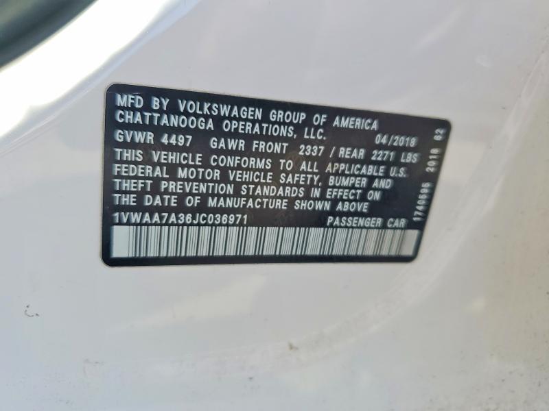 2018 Volkswagen Passat მანქანა იყიდება აუქციონზე, vin: 1VWAA7A36JC036971, აუქციონის ნომერი: 60258066