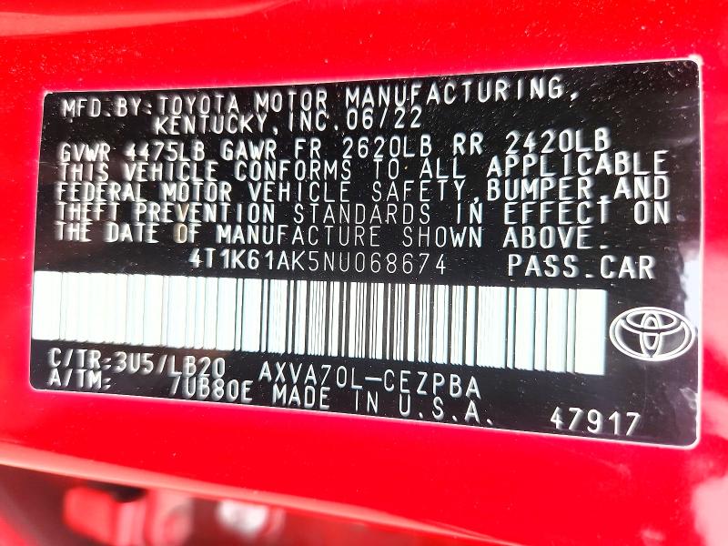 Aukcja sprzedaży 2022 Toyota Camry, vin: 4T1K61AK5NU068674, numer aukcji: 60008076