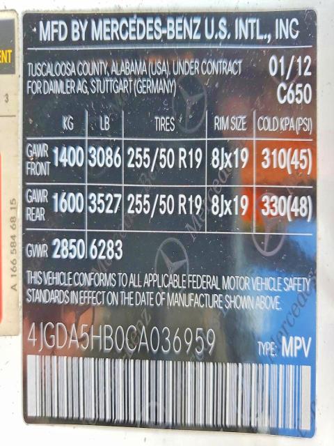 Продаж на аукціоні авто 2012 Mercedes-benz Ml, vin: 4JGDA5HB0CA036959, номер лоту: 60554926