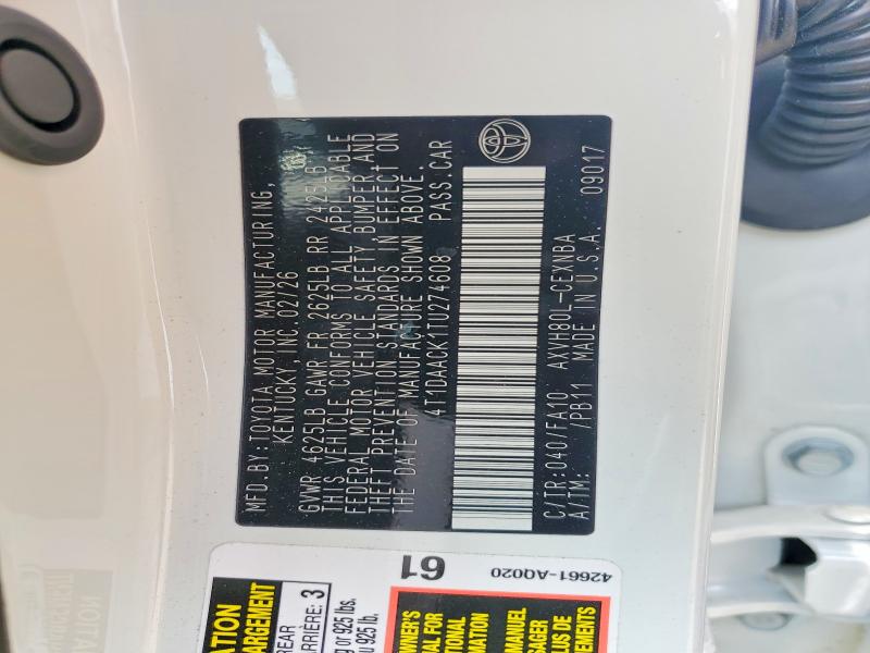 2026 Toyota Camry მანქანა იყიდება აუქციონზე, vin: 4T1DAACK1TU274608, აუქციონის ნომერი: 60499356