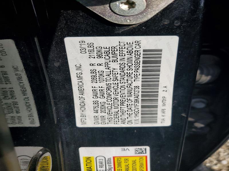 59577796 :رقم المزاد ، 1HGCV1F39KA072738 vin ، 2019 Honda Accord مزاد بيع