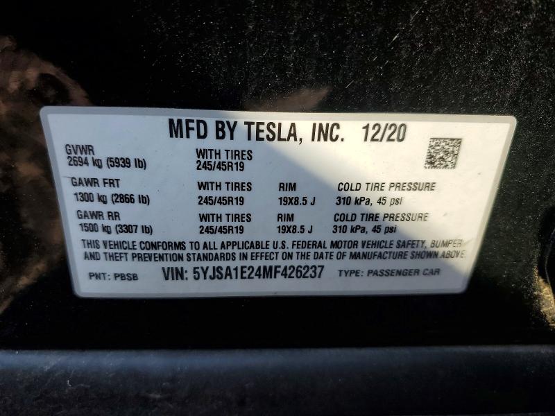60878696 :رقم المزاد ، 5YJSA1E24MF426237 vin ، 2021 Tesla Model S مزاد بيع