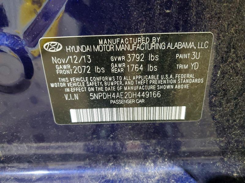 2013 Hyundai Elantra მანქანა იყიდება აუქციონზე, vin: 5NPDH4AE2DH449166, აუქციონის ნომერი: 59592626