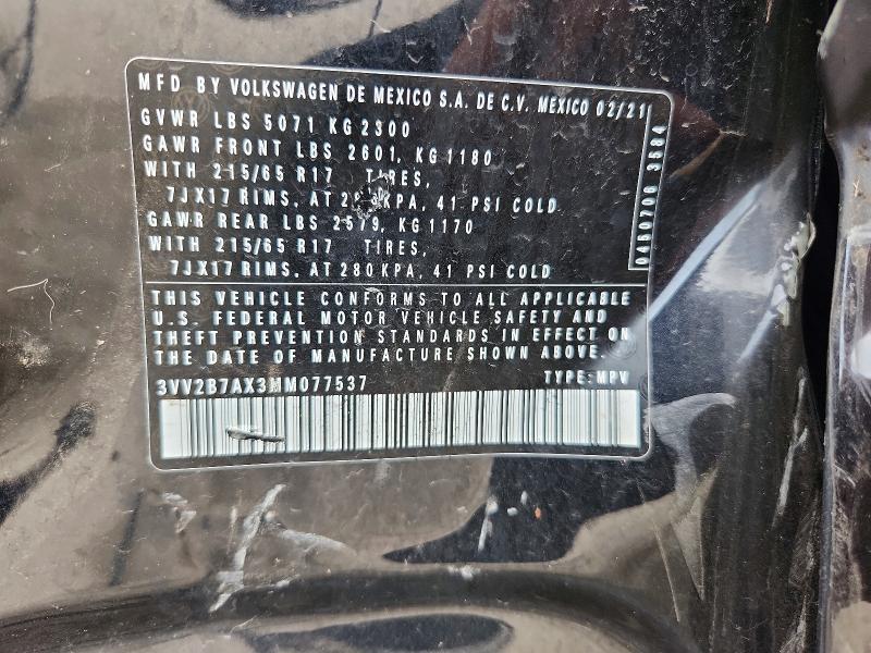 2021 Volkswagen Tiguan მანქანა იყიდება აუქციონზე, vin: 3VV2B7AX3MM077537, აუქციონის ნომერი: 62524566