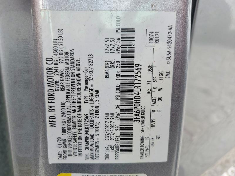 Aukcja sprzedaży 2020 Ford Fusion, vin: 3FA6P0HD4LR172569, numer aukcji: 61690466
