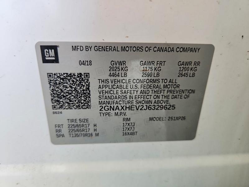 61012036 :رقم المزاد ، 2GNAXHEV2J6329625 vin ، 2018 Chevrolet Equinox مزاد بيع