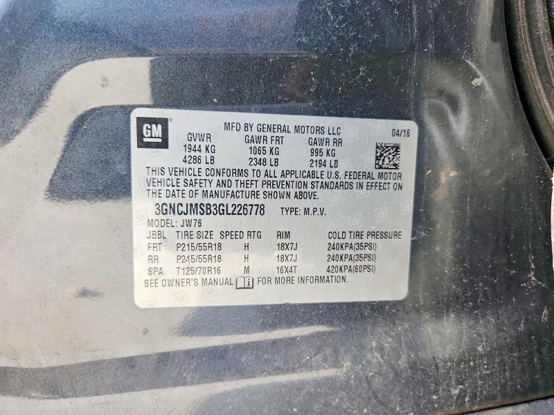 61999566 :رقم المزاد ، 3GNCJMSB3GL226778 vin ، 2016 Chevrolet Trax مزاد بيع