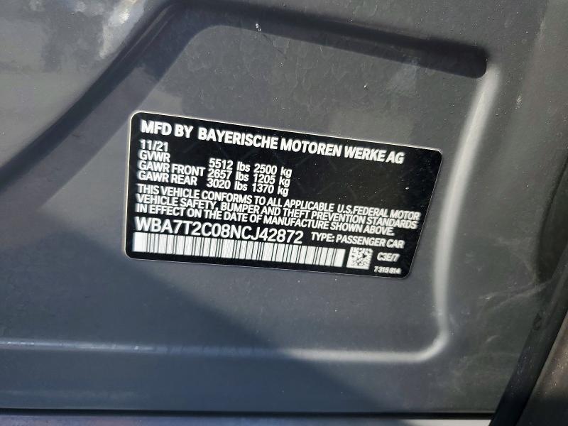 Продаж на аукціоні авто 2022 Bmw 740, vin: WBA7T2C08NCJ42872, номер лоту: 59642106