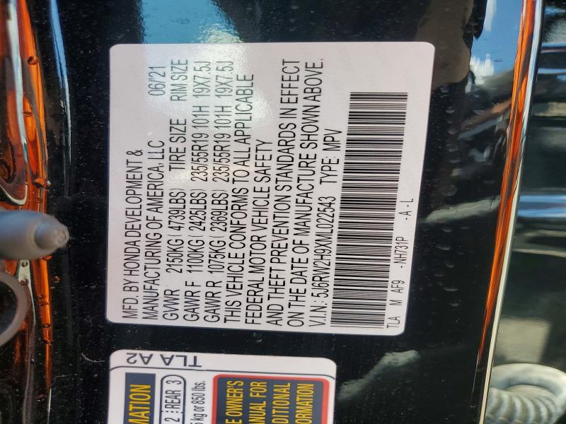 60404186 :رقم المزاد ، 5J6RW2H9XML022543 vin ، 2021 Honda Cr-v مزاد بيع