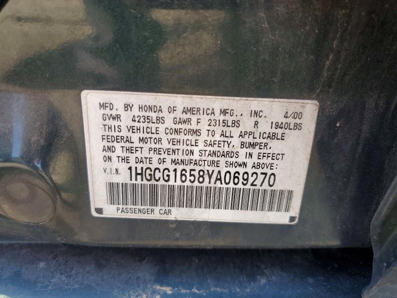 63279926 :رقم المزاد ، 1HGCG1658YA069270 vin ، 2000 Honda Accord مزاد بيع