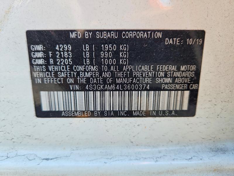 2020 Subaru Impreza მანქანა იყიდება აუქციონზე, vin: 4S3GKAM64L3600374, აუქციონის ნომერი: 62046636