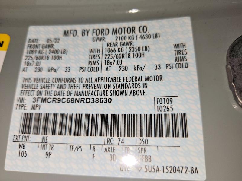 Aukcja sprzedaży 2022 Ford Bronco Sport, vin: 3FMCR9C68NRD38630, numer aukcji: 61244656