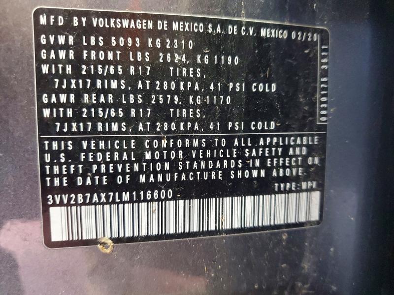 Aukcja sprzedaży 2020 Volkswagen Tiguan, vin: 3VV2B7AX7LM116600, numer aukcji: 60289956
